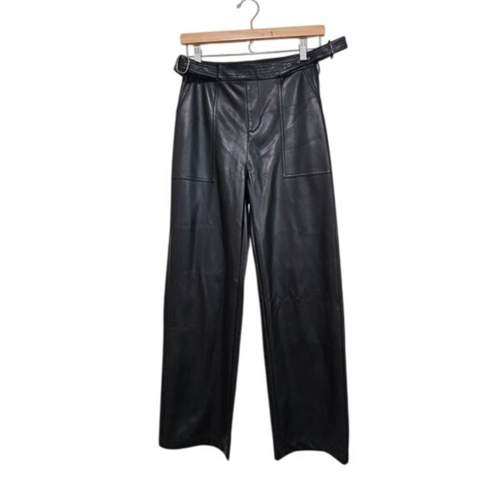 Bar III Pants Black Faux Leather Wide Leg Pants Small Belt High Rise Chic NWT ~